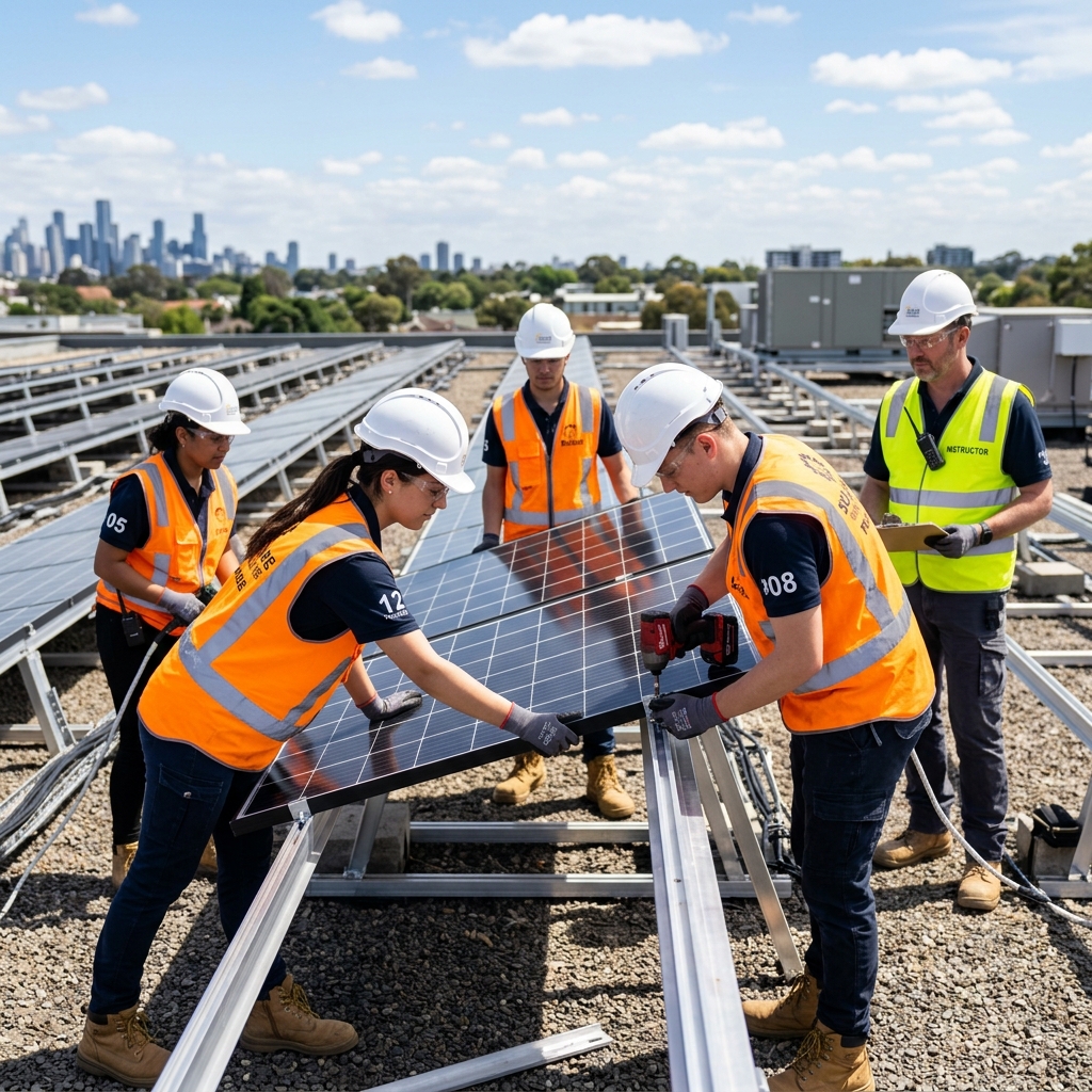 Students practicing solar panel installation